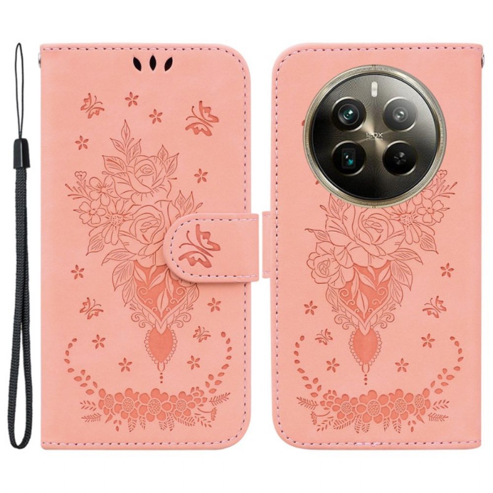 Leren Hoesje Voor Realme 12 Pro / 12 Pro Plus Rozen En Vlinders Met Riem