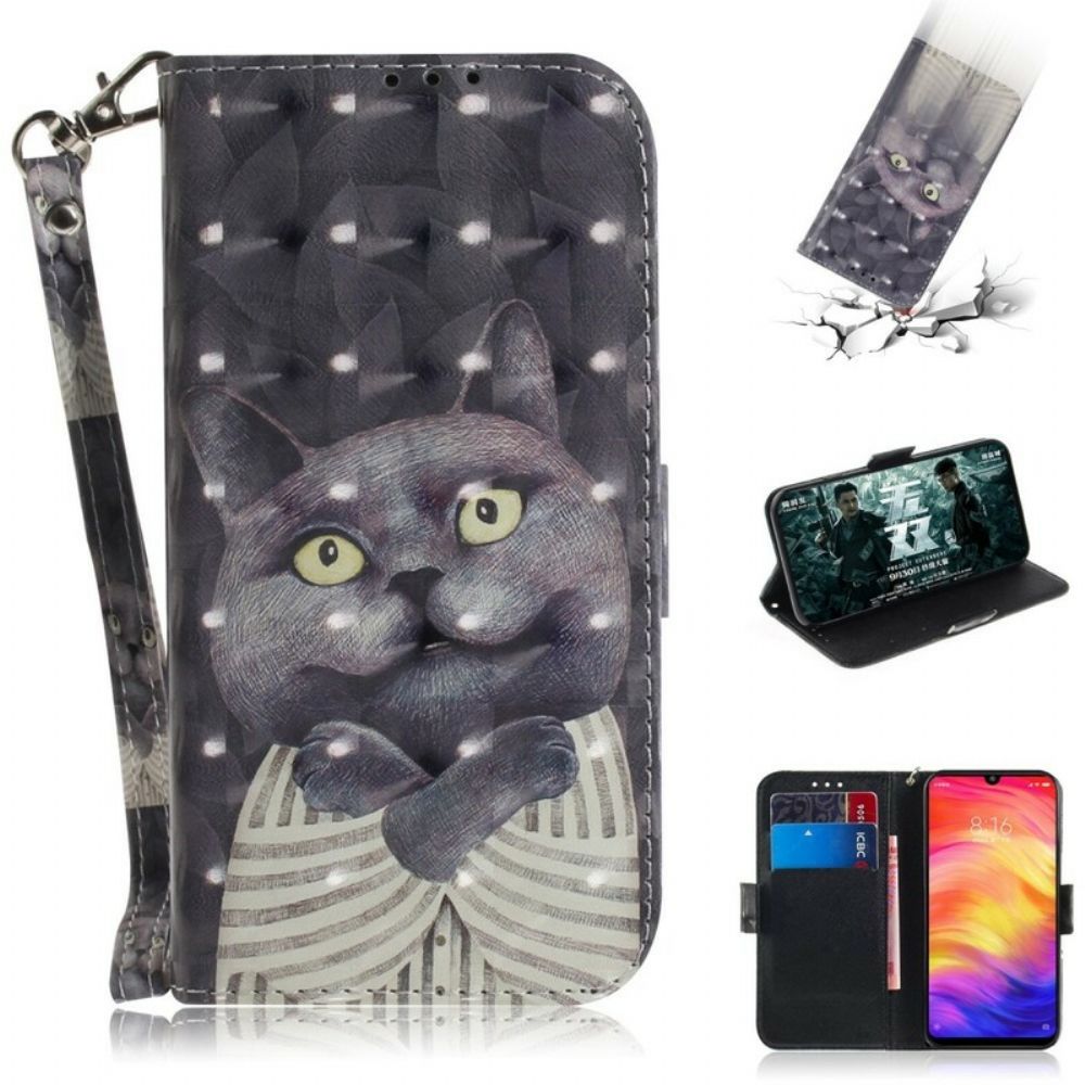 Leren Hoesje voor Xiaomi Redmi Note 7 Met Ketting Grijze Kat Met Bandjes