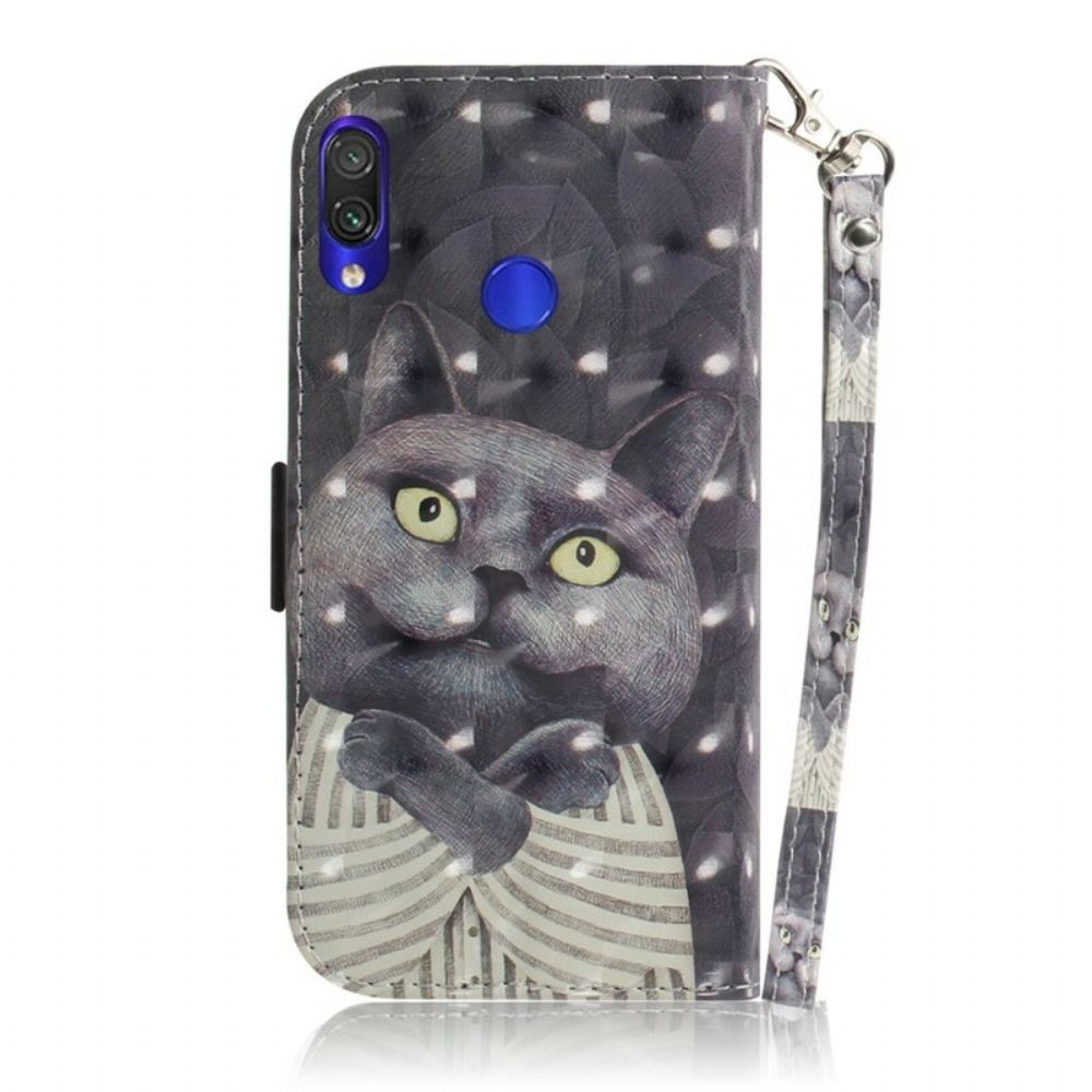 Leren Hoesje voor Xiaomi Redmi Note 7 Met Ketting Grijze Kat Met Bandjes