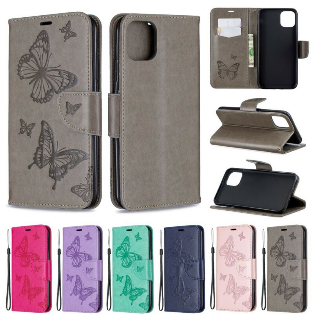 Flip Case voor iPhone 11 Pro Max Met Ketting Thong Bedrukte Vlinders