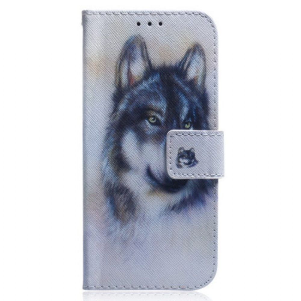 Folio-hoesje voor Xiaomi Redmi Note 12 5G Met Ketting Strappy Aquarel Wolf