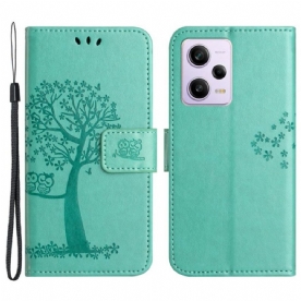 Folio-hoesje voor Xiaomi Redmi Note 12 5G Met Ketting String Boom En Uilen