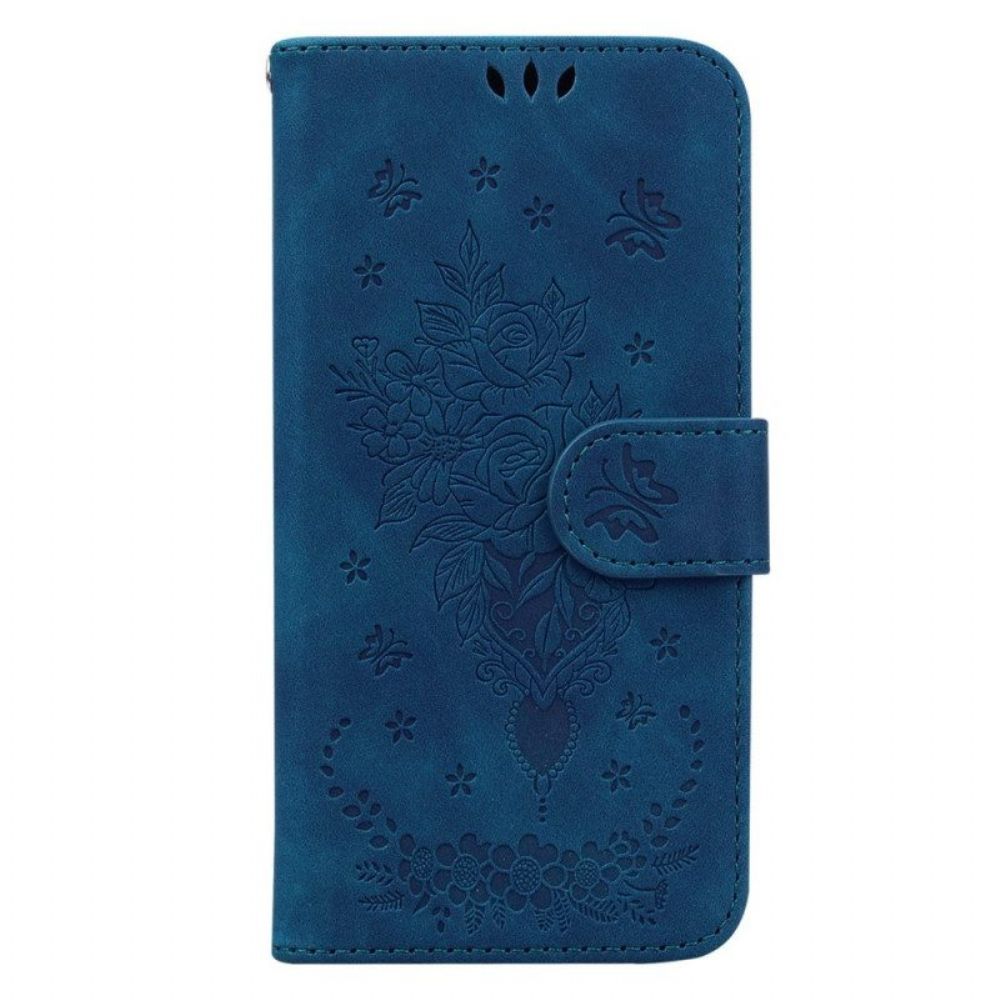 Leren Hoesje voor Xiaomi Redmi Note 12 5G Met Ketting Strappy Rozen En Vlinders