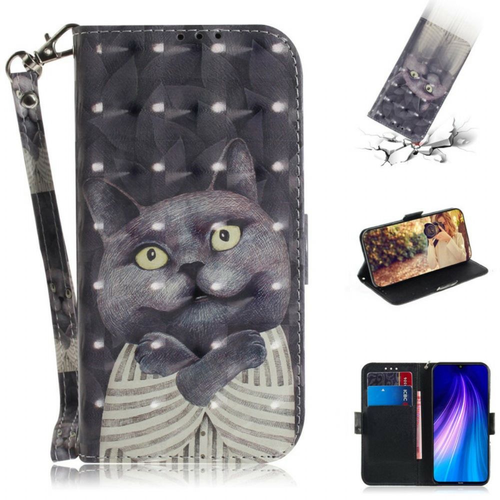 Folio-hoesje voor Xiaomi Redmi Note 8 Met Ketting Grijze Kat Met Bandjes