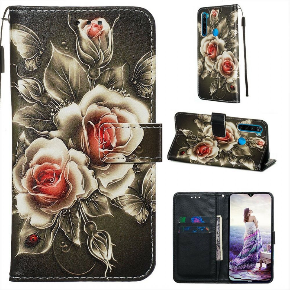 Folio-hoesje voor Xiaomi Redmi Note 8 Met Ketting Zwarte Roos Met Riem