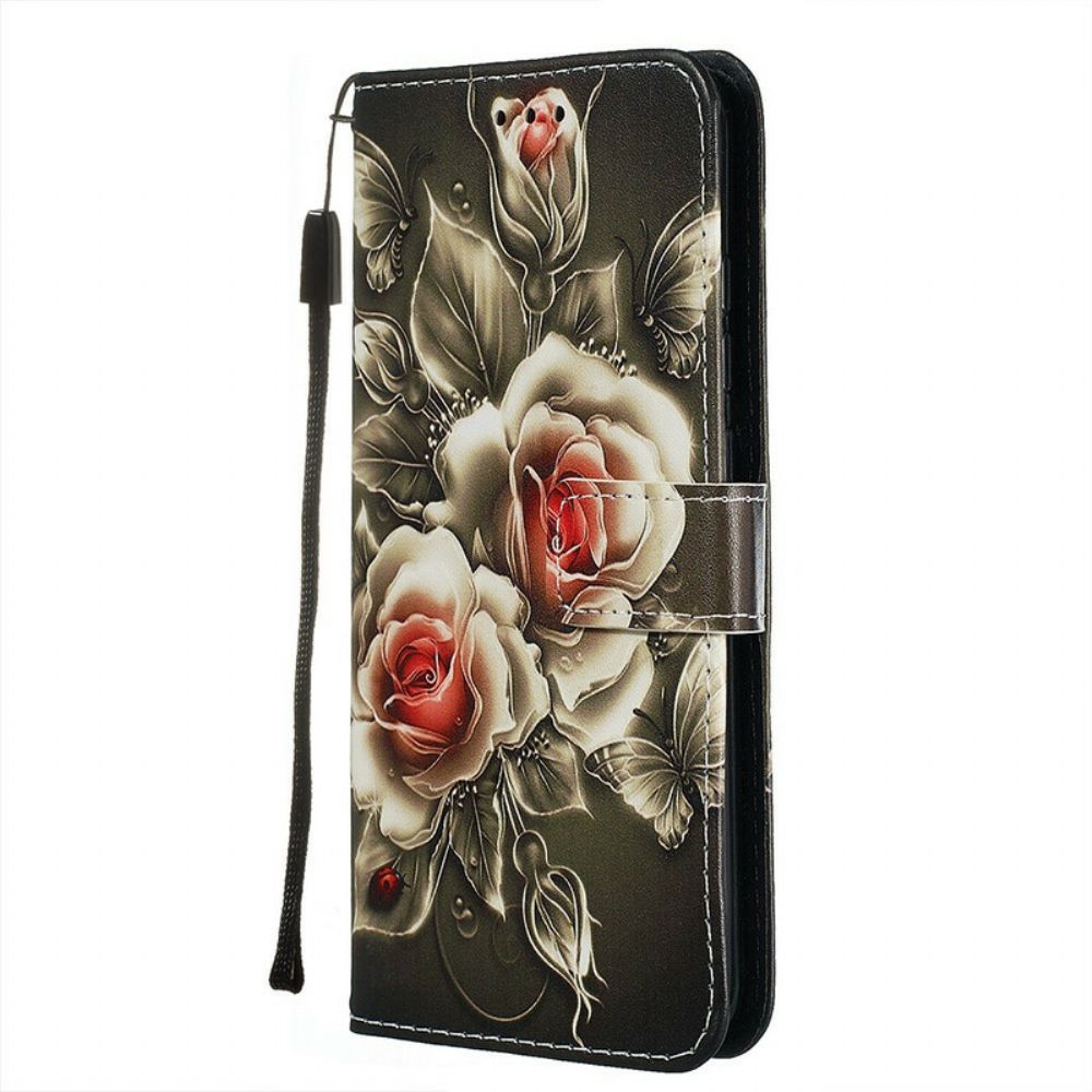 Folio-hoesje voor Xiaomi Redmi Note 8 Met Ketting Zwarte Roos Met Riem