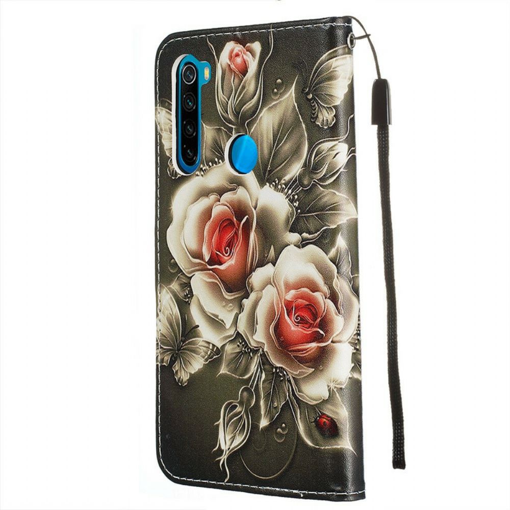 Folio-hoesje voor Xiaomi Redmi Note 8 Met Ketting Zwarte Roos Met Riem