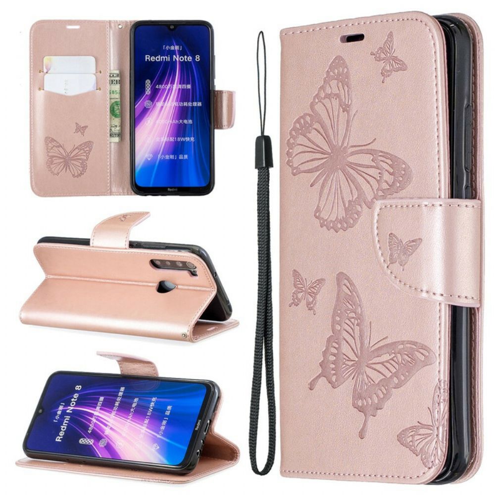 Leren Hoesje voor Xiaomi Redmi Note 8 Met Ketting Bandje Met Vlinderprint