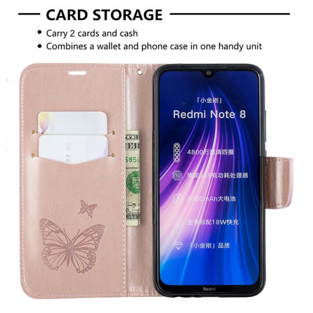 Leren Hoesje voor Xiaomi Redmi Note 8 Met Ketting Bandje Met Vlinderprint