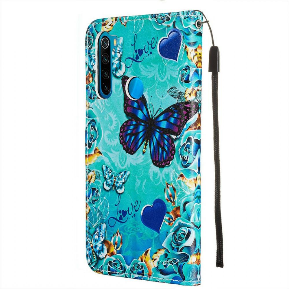 Leren Hoesje voor Xiaomi Redmi Note 8 Met Ketting Liefde Vlinders Strappy