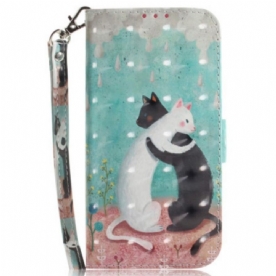 Flip Case voor Moto G73 5G Met Ketting Zwarte Kat Witte Kat Met Riem