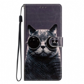 Folio-hoesje voor Moto G73 5G Met Ketting Bril Met Bandjes Cat