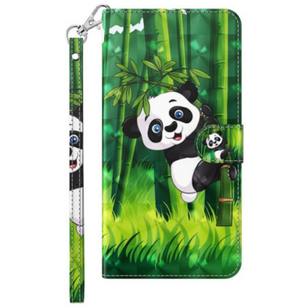 Leren Hoesje voor Moto G73 5G Met Ketting Panda En Bamboe Met Lanyard