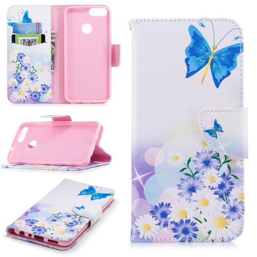 Flip Case voor Huawei P Smart Geschilderde Vlinders En Bloemen