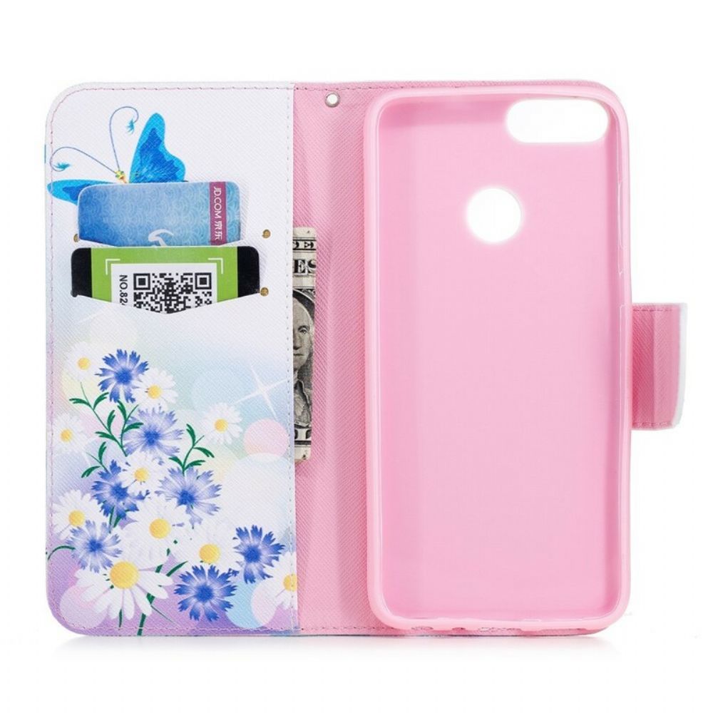 Flip Case voor Huawei P Smart Geschilderde Vlinders En Bloemen