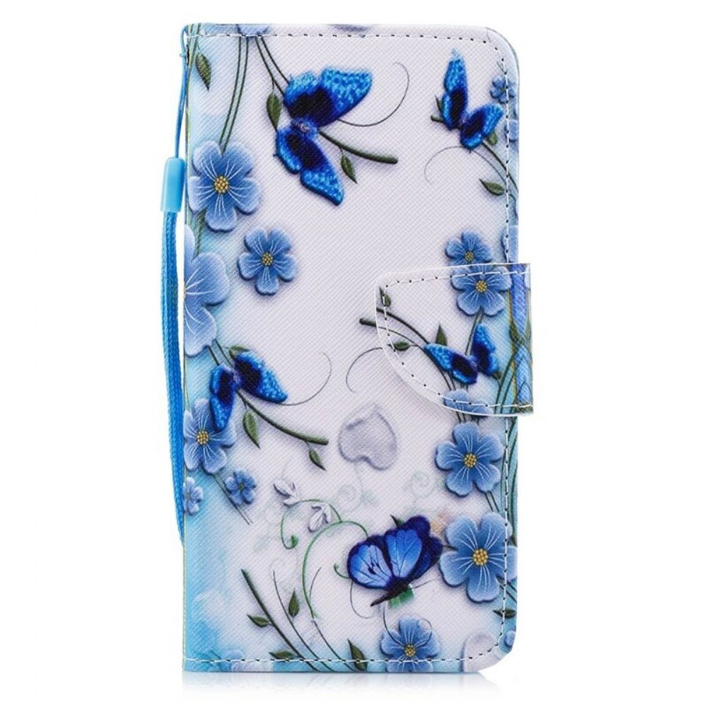 Folio-hoesje voor Huawei P Smart Met Ketting Blauwe Band Vlinders En Bloemen