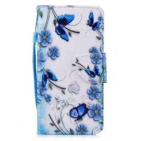 Folio-hoesje voor Huawei P Smart Met Ketting Blauwe Band Vlinders En Bloemen