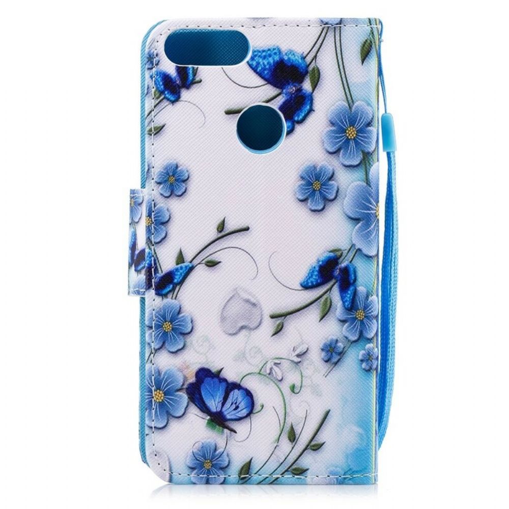 Folio-hoesje voor Huawei P Smart Met Ketting Blauwe Band Vlinders En Bloemen