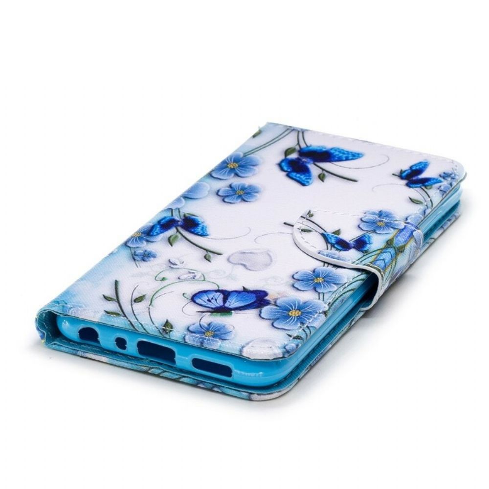 Folio-hoesje voor Huawei P Smart Met Ketting Blauwe Band Vlinders En Bloemen