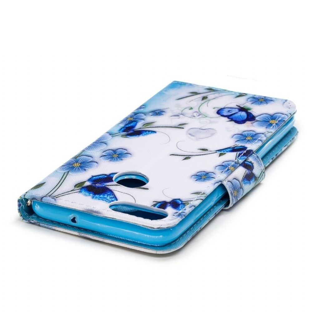 Folio-hoesje voor Huawei P Smart Met Ketting Blauwe Band Vlinders En Bloemen