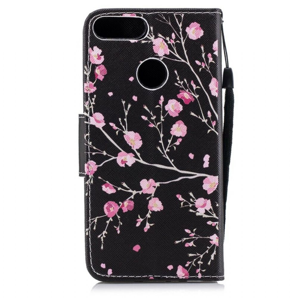 Folio-hoesje voor Huawei P Smart Met Ketting Roze Band Bloemen