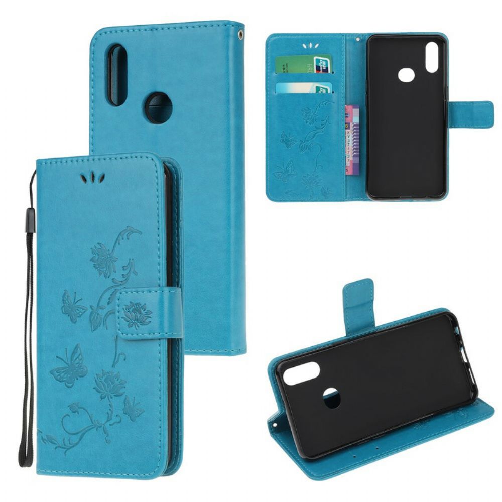 Flip Case voor Samsung Galaxy A10s Met Ketting Thong Vlinders En Bloemen