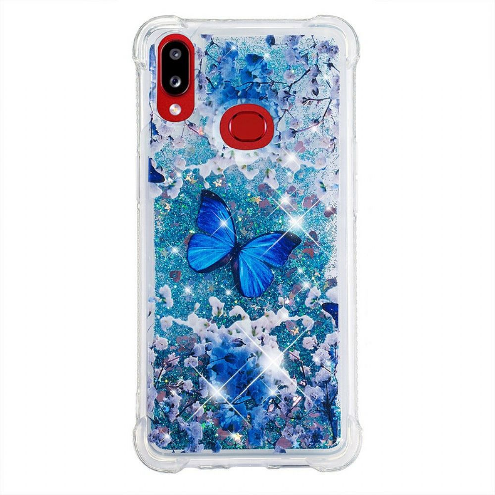 Hoesje voor Samsung Galaxy A10s Blauwe Glittervlinders