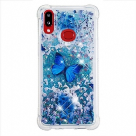 Hoesje voor Samsung Galaxy A10s Blauwe Glittervlinders