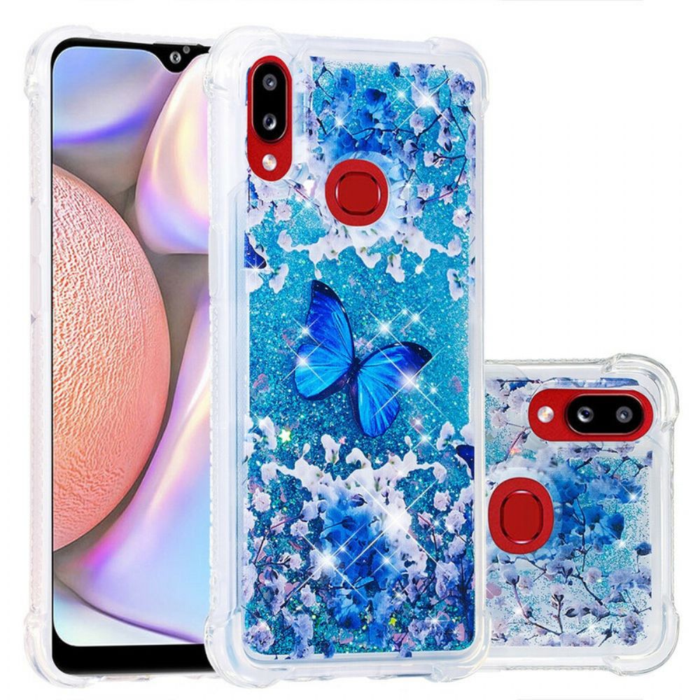 Hoesje voor Samsung Galaxy A10s Blauwe Glittervlinders