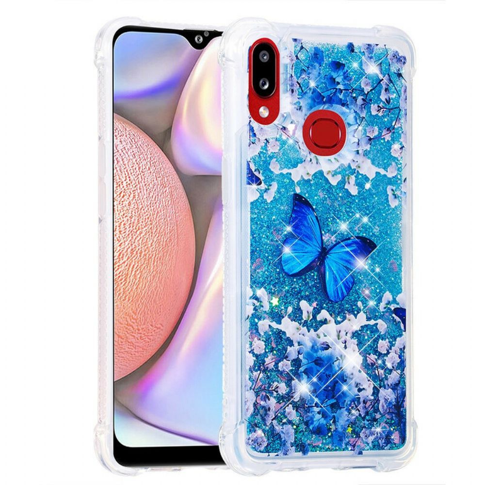 Hoesje voor Samsung Galaxy A10s Blauwe Glittervlinders