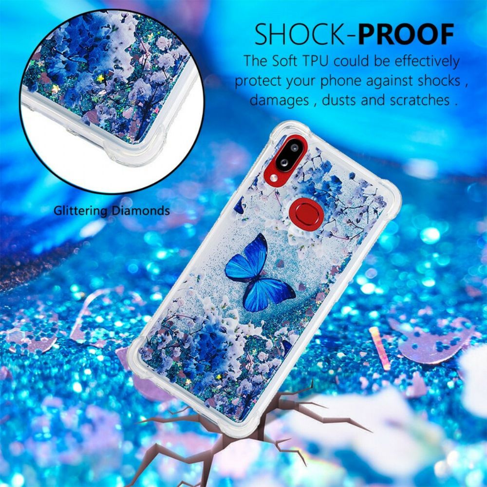 Hoesje voor Samsung Galaxy A10s Blauwe Glittervlinders