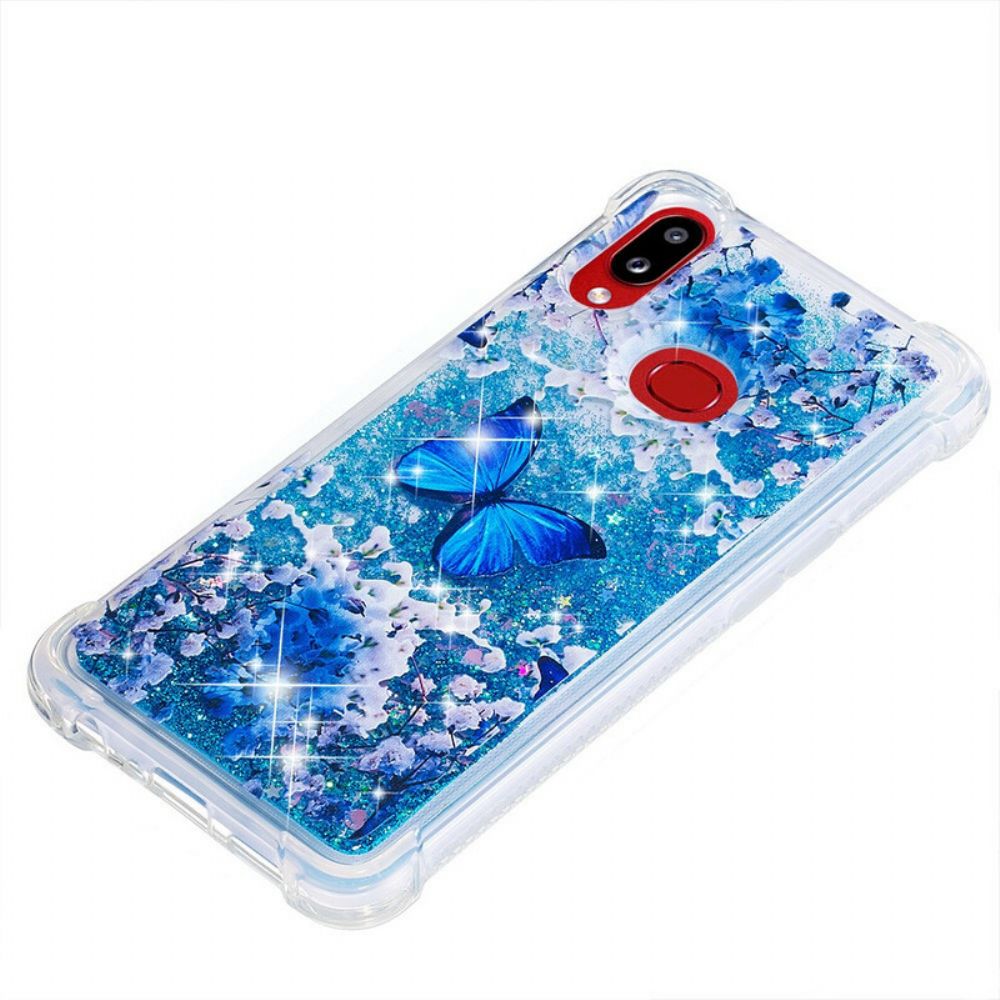 Hoesje voor Samsung Galaxy A10s Blauwe Glittervlinders