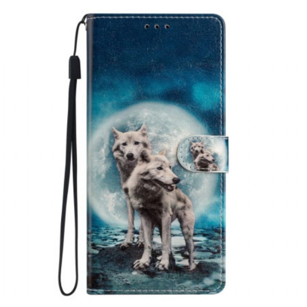 Folio-hoesje voor Samsung Galaxy A54 5G Wolf Onder Maan Met Lanyard