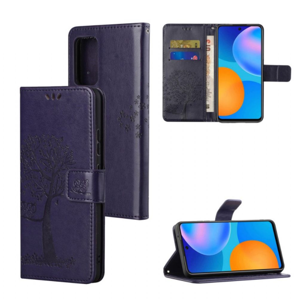 Folio-hoesje voor Xiaomi Redmi Note 11 / 11S Met Ketting Boom En Uilen Met Bandjes