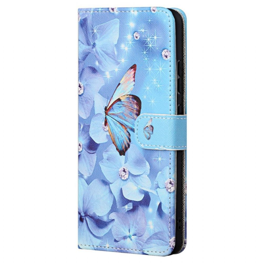 Folio-hoesje voor Xiaomi Redmi Note 11 / 11S Met Ketting Vlinders Met Diamanten Band