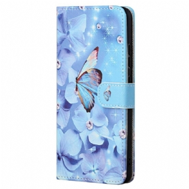 Folio-hoesje voor Xiaomi Redmi Note 11 / 11S Met Ketting Vlinders Met Diamanten Band