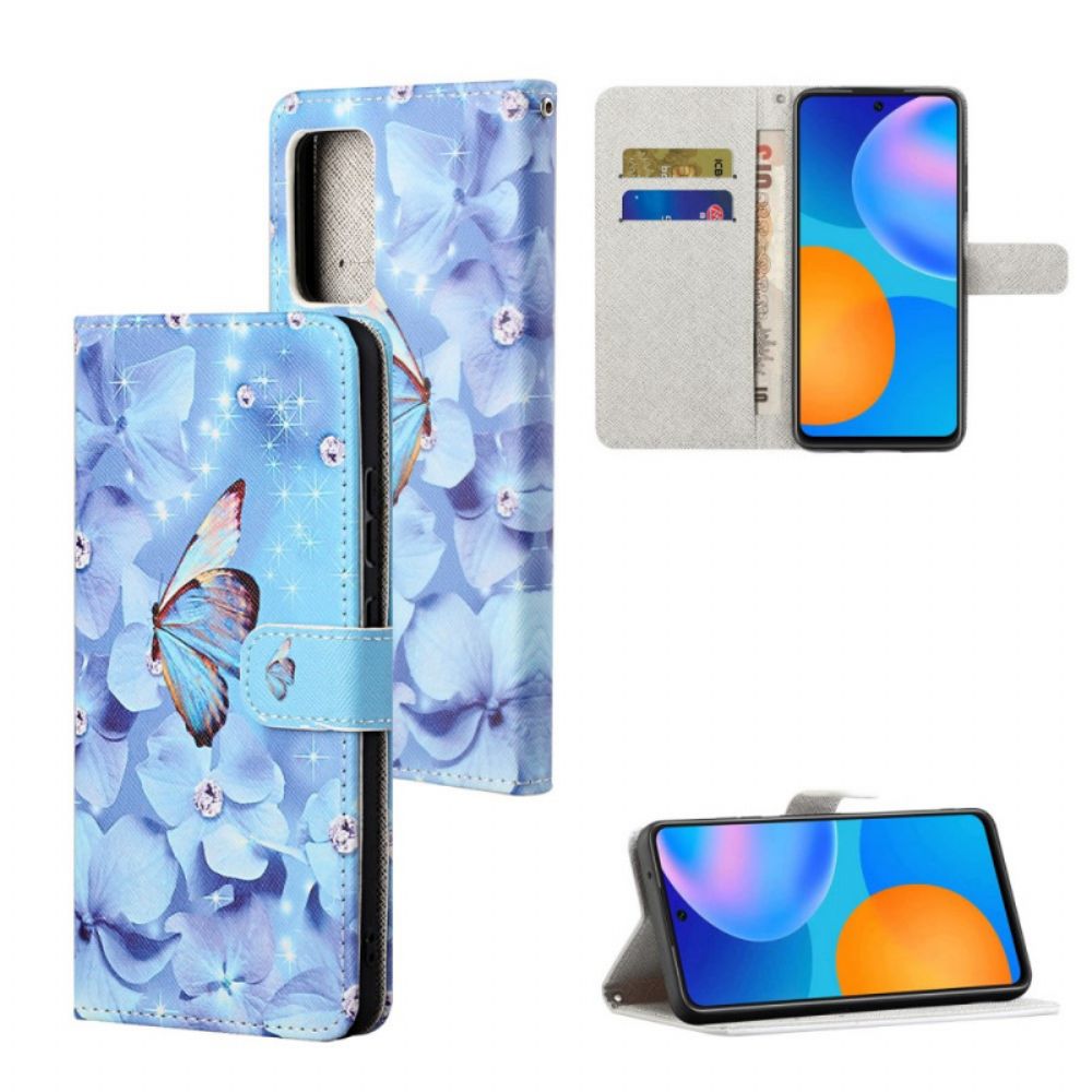 Folio-hoesje voor Xiaomi Redmi Note 11 / 11S Met Ketting Vlinders Met Diamanten Band