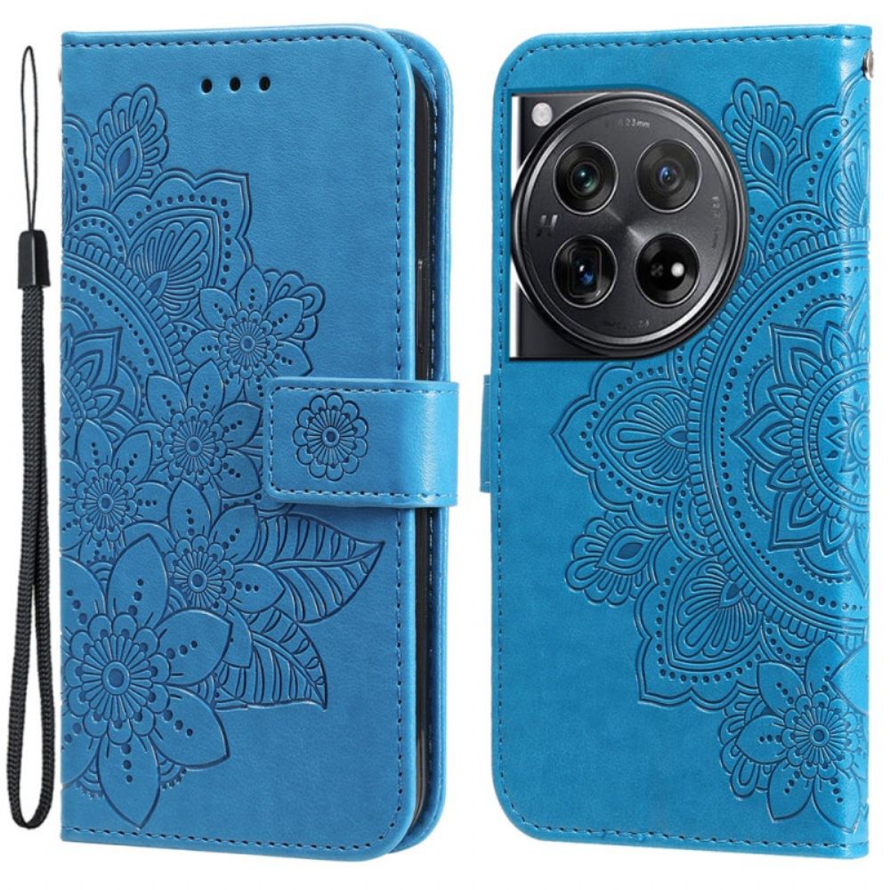 Flip Case Leren Oneplus 12 5g Bandje Met Bloemenmotief