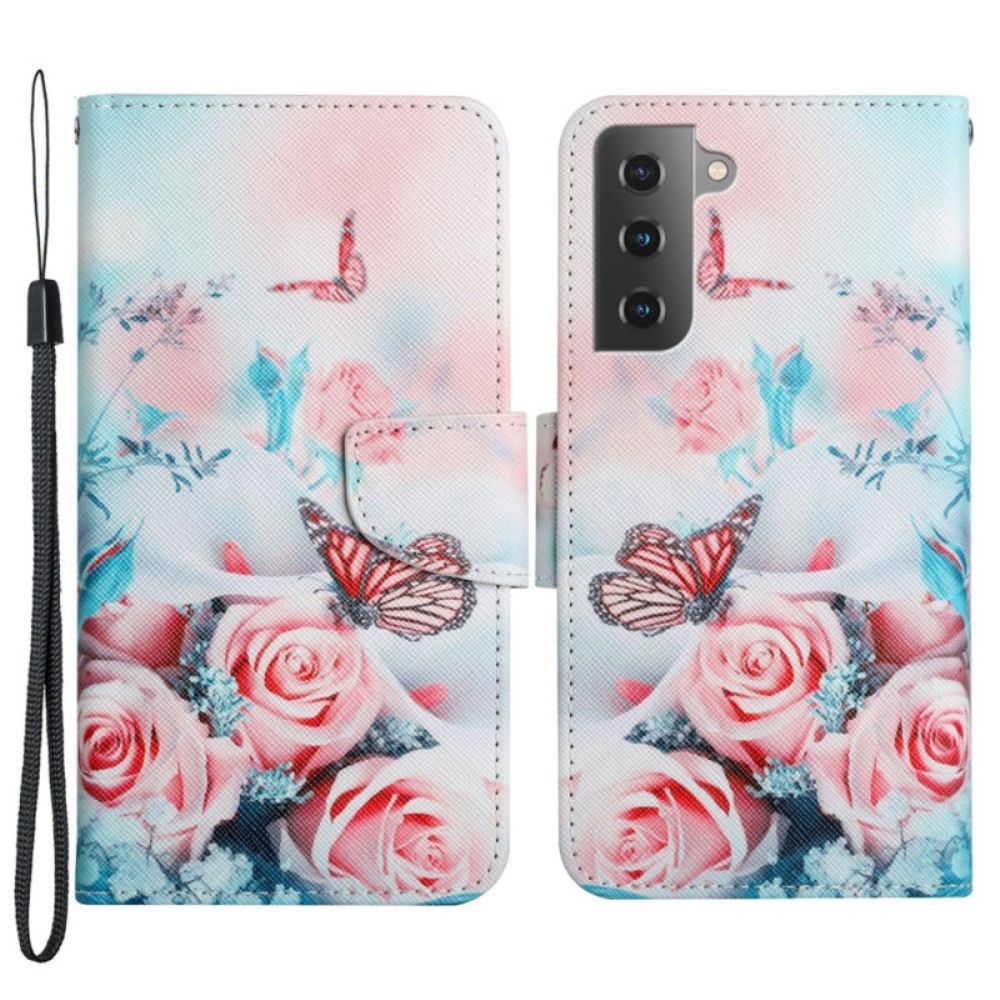 Flip Case voor Samsung Galaxy S22 Plus 5G Boeket Bloemen En Vlinders