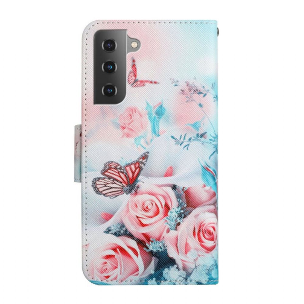 Flip Case voor Samsung Galaxy S22 Plus 5G Boeket Bloemen En Vlinders