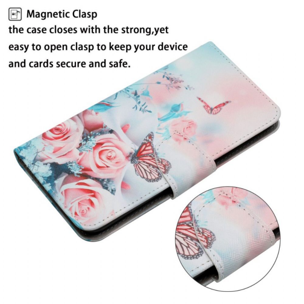 Flip Case voor Samsung Galaxy S22 Plus 5G Boeket Bloemen En Vlinders