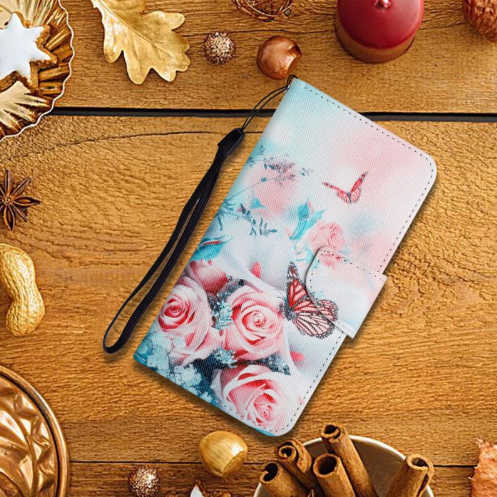 Flip Case voor Samsung Galaxy S22 Plus 5G Boeket Bloemen En Vlinders