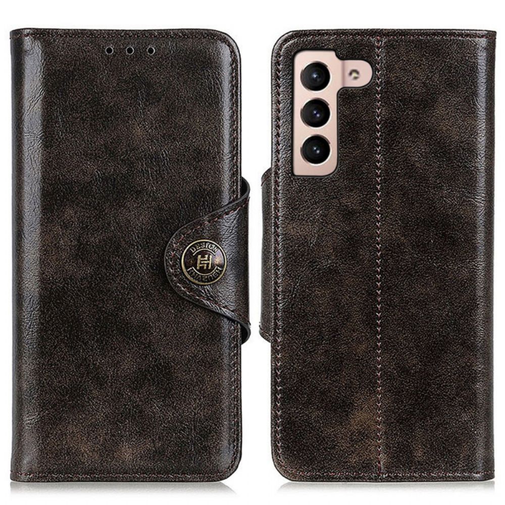 Flip Case voor Samsung Galaxy S22 Plus 5G Knoop Van Imitatieleer Lakleer Khazneh