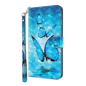 Flip Case voor Samsung Galaxy S22 Plus 5G Met Ketting Blauwe Band Vlinders