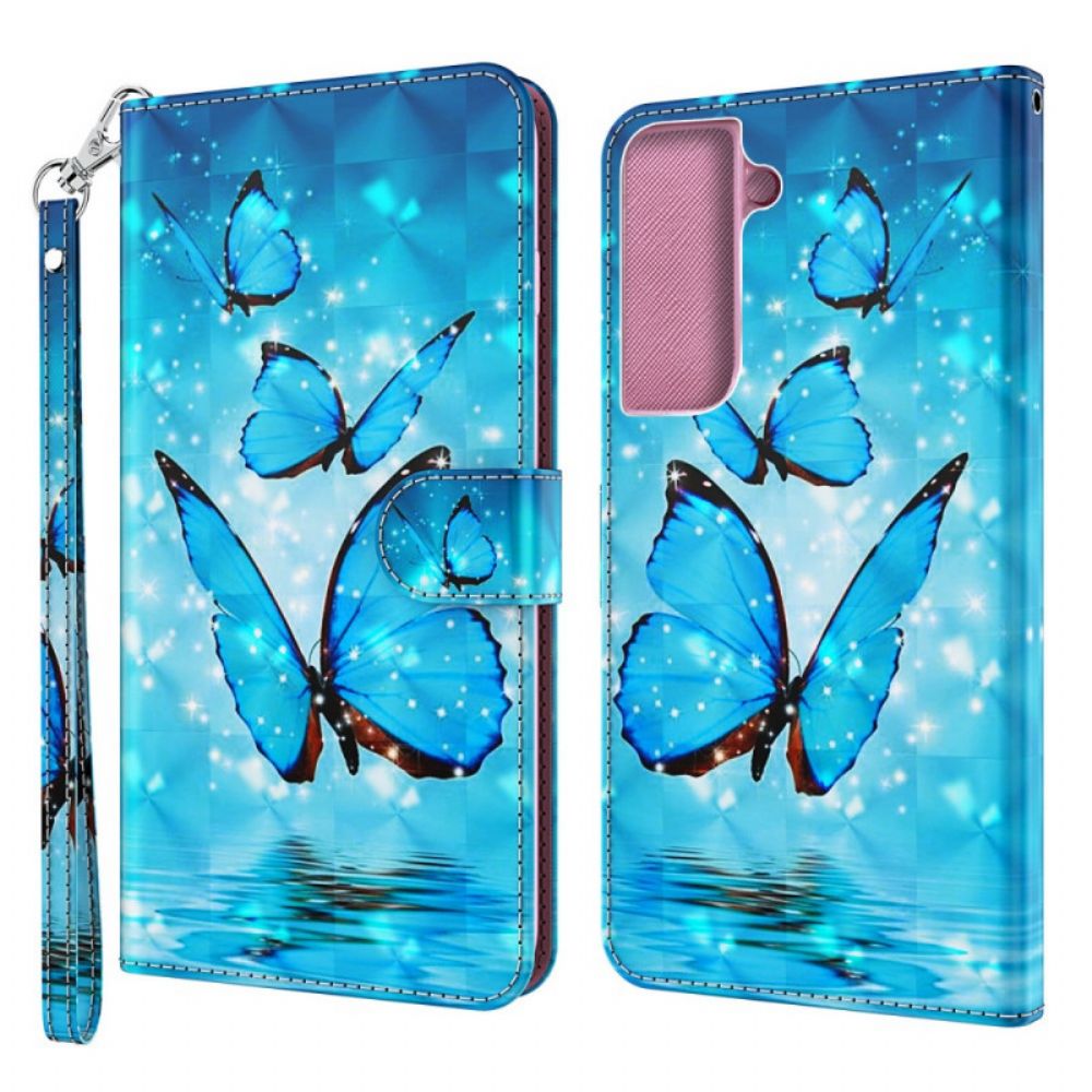 Flip Case voor Samsung Galaxy S22 Plus 5G Met Ketting Blauwe Band Vlinders