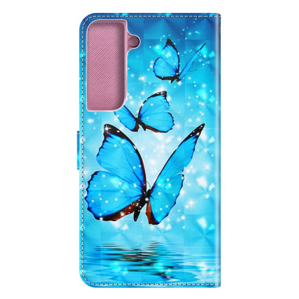 Flip Case voor Samsung Galaxy S22 Plus 5G Met Ketting Blauwe Band Vlinders