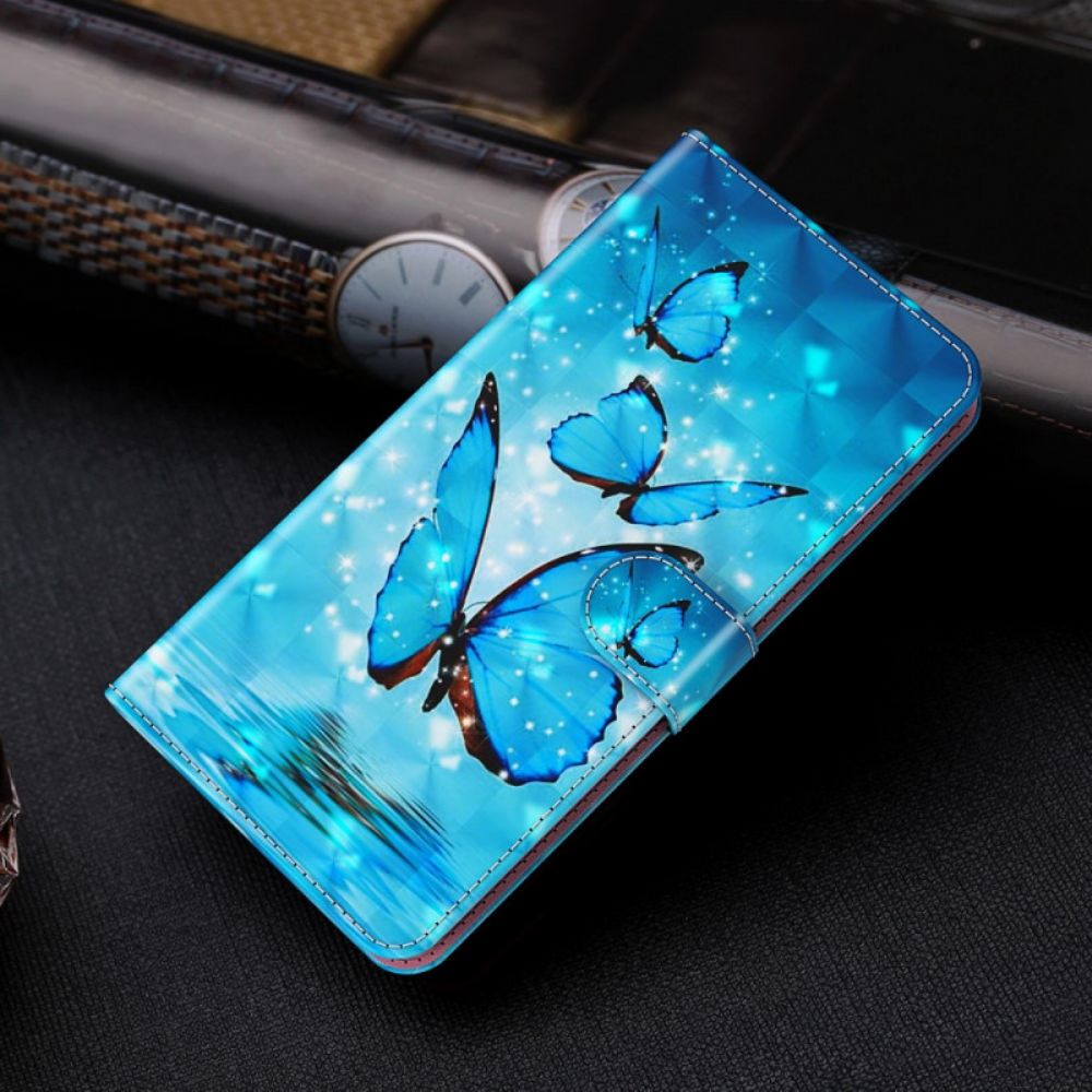 Flip Case voor Samsung Galaxy S22 Plus 5G Met Ketting Blauwe Band Vlinders