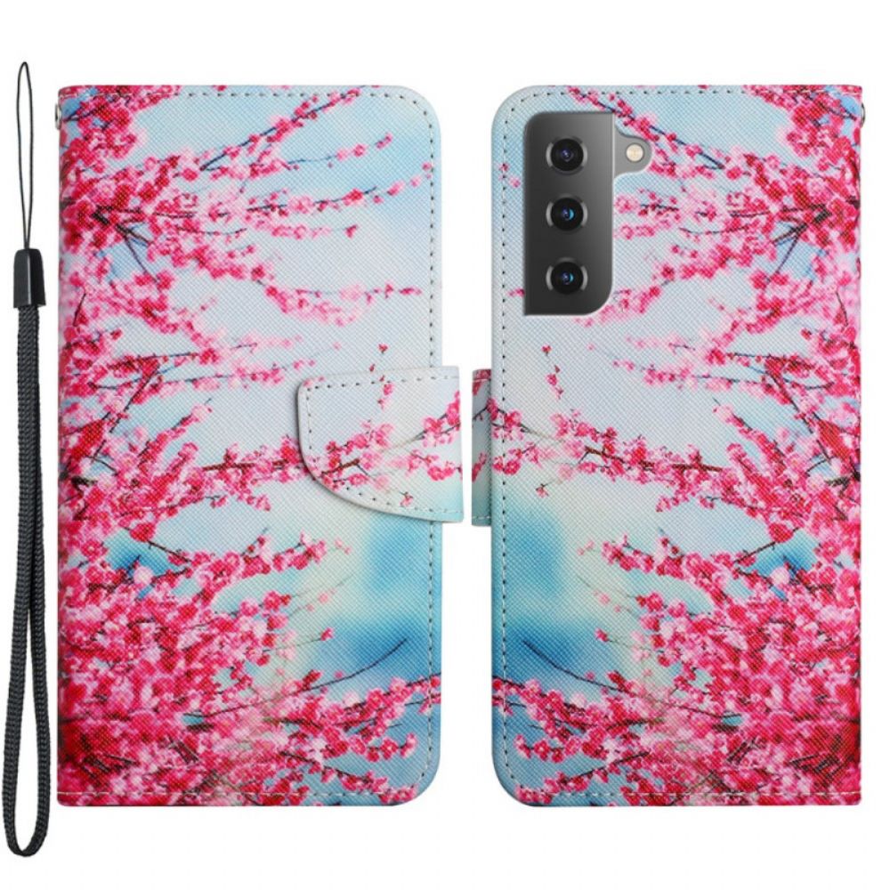 Flip Case voor Samsung Galaxy S22 Plus 5G Met Ketting Bloeiende Tak Met Riem