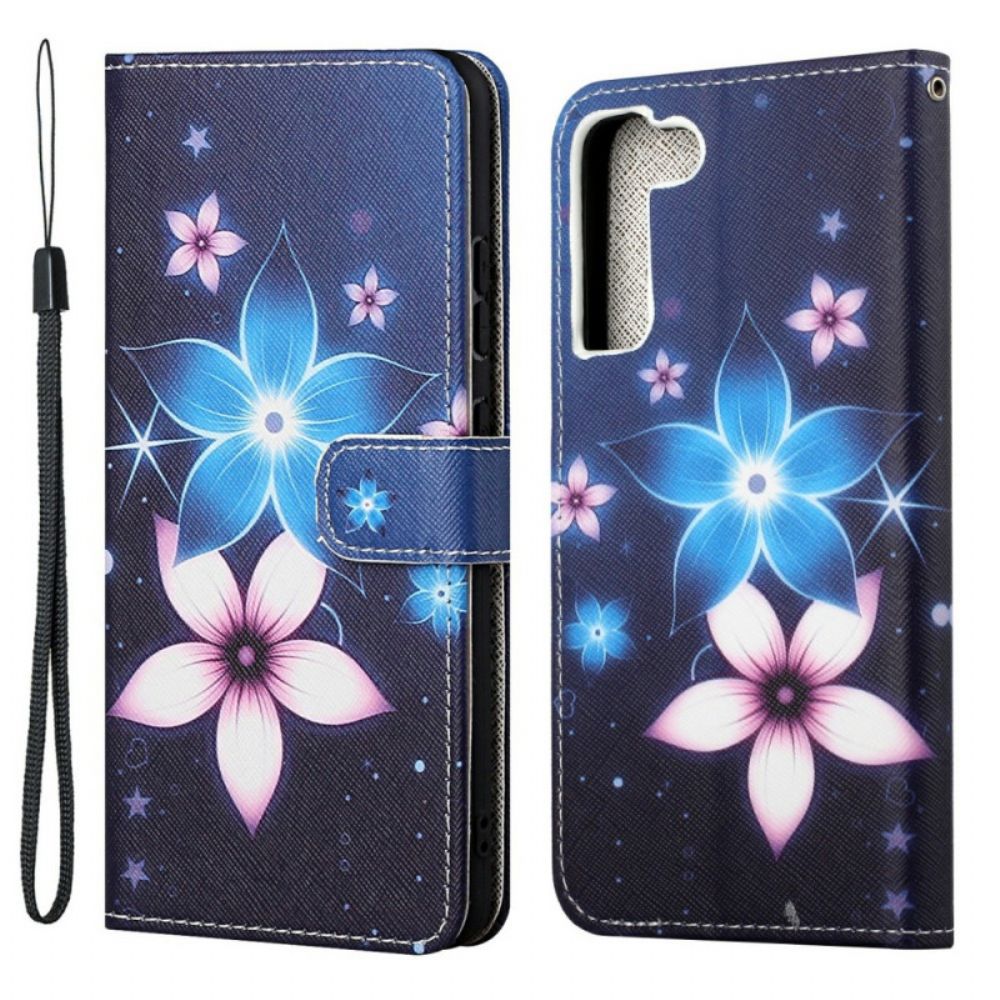 Flip Case voor Samsung Galaxy S22 Plus 5G Met Ketting Maanband Bloemen