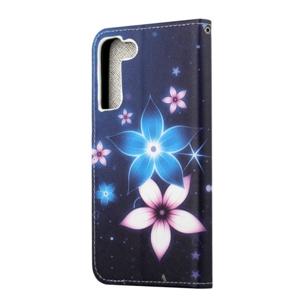 Flip Case voor Samsung Galaxy S22 Plus 5G Met Ketting Maanband Bloemen